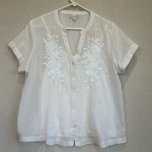 Cloth & Portrait White Embroidered Button-Front Cotton Top Attached Cami Top L